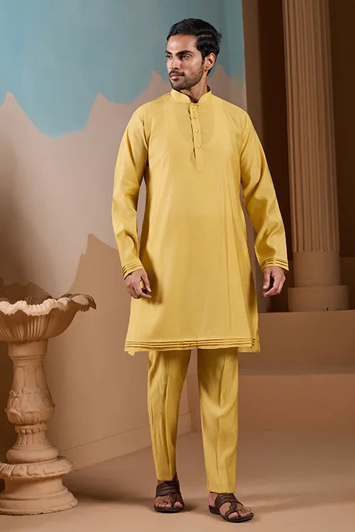 Haldi Ceremony Yellow Embroidered Koti Kurta Set for Mens
