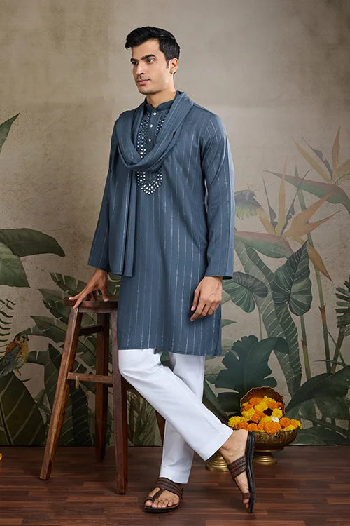 Festive Blue Grey Ultimate Guide To Menswear Kurta & Dupatta