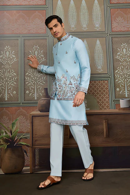 Sky Blue Embroidered Silk Koti Kurta Set for Mens