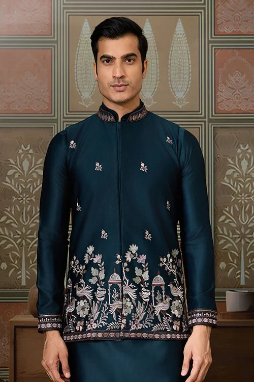 Traditional Teal Blue Koti Kurta Set for Mens Wear