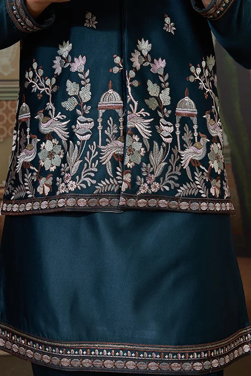 Traditional Teal Blue Koti Kurta Set for Mens Wear