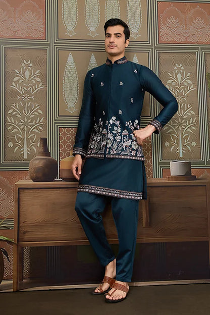 Traditional Teal Blue Koti Kurta Set for Mens Wear