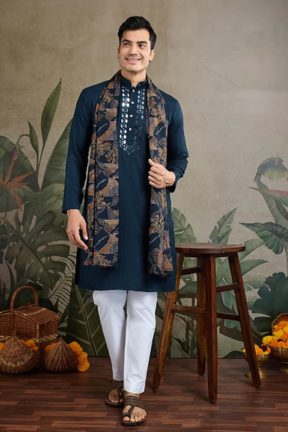 Teal Blue Viscose Rayon Kurta With Mirror Work