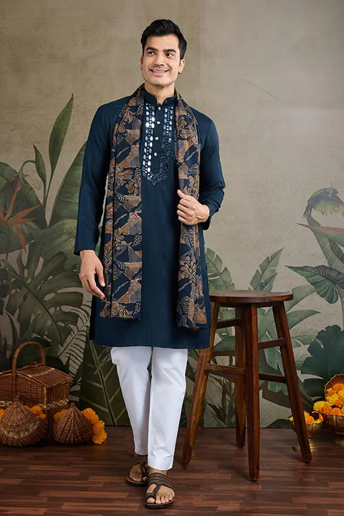 Teal Blue Viscose Rayon Kurta With Mirror Work