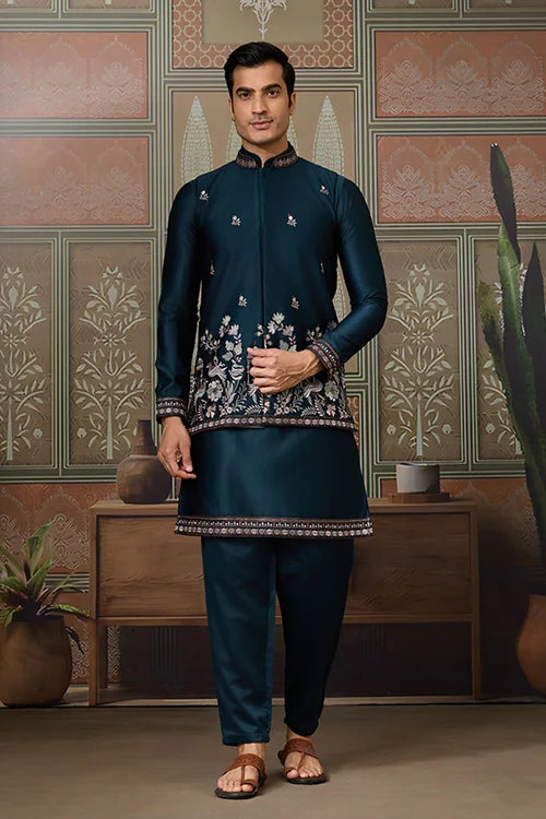 Traditional Teal Blue Koti Kurta Set for Mens Wear