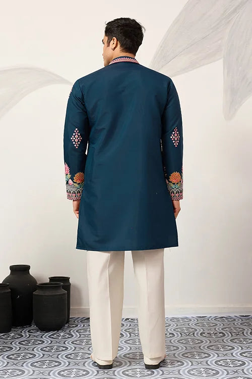 Indian Wedding Style Exclusive Teal Blue Kurta For Mens