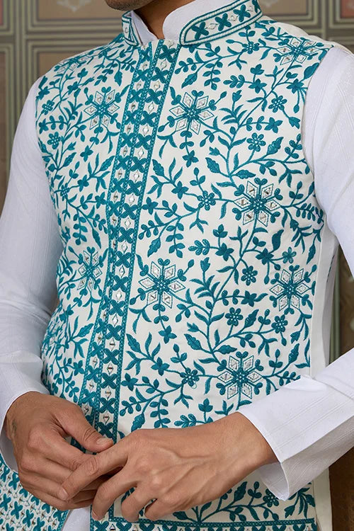 Traditional White Kurta with Teal Green Koti for Men