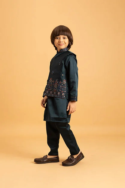 Dark Green Mirror Work Embroidered Koti Kurta for Kids Wear