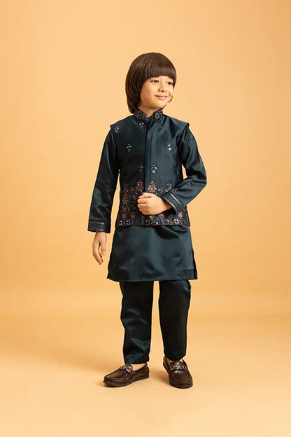 Dark Green Mirror Work Embroidered Koti Kurta for Kids Wear