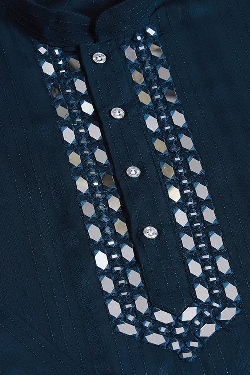 Teal Blue Viscose Rayon Kurta With Mirror Work