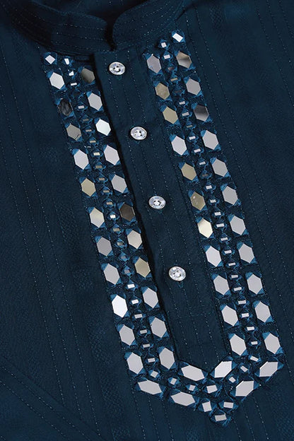 Teal Blue Viscose Rayon Kurta With Mirror Work