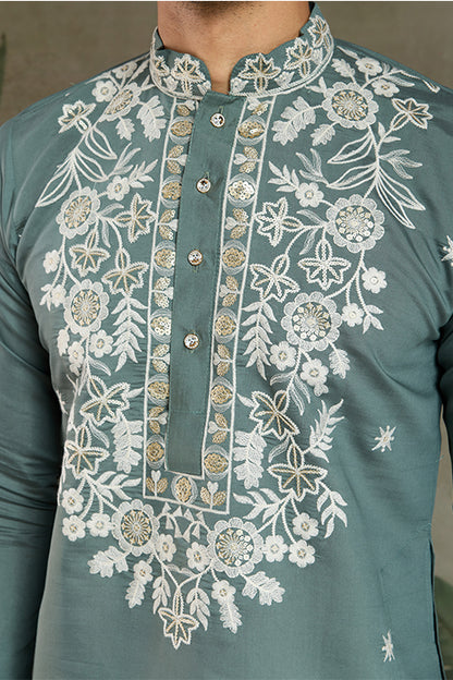 Pastel Pista Viscose Silk Embroidered Kurta For Men