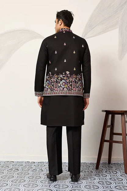 Wedding Special Black Koti Kurta With Pant For Mens Wear