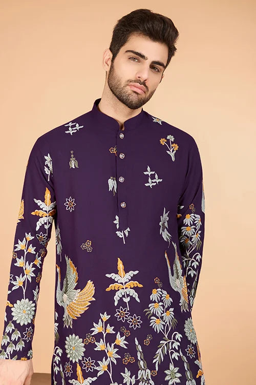 Traditional Embroidered Purple Viscose Rayon Kurta For Men