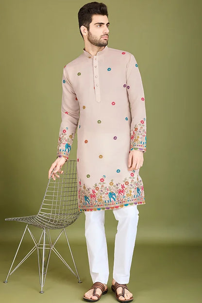 Ivory Viscose Silk Men's Kurta With Thread Work