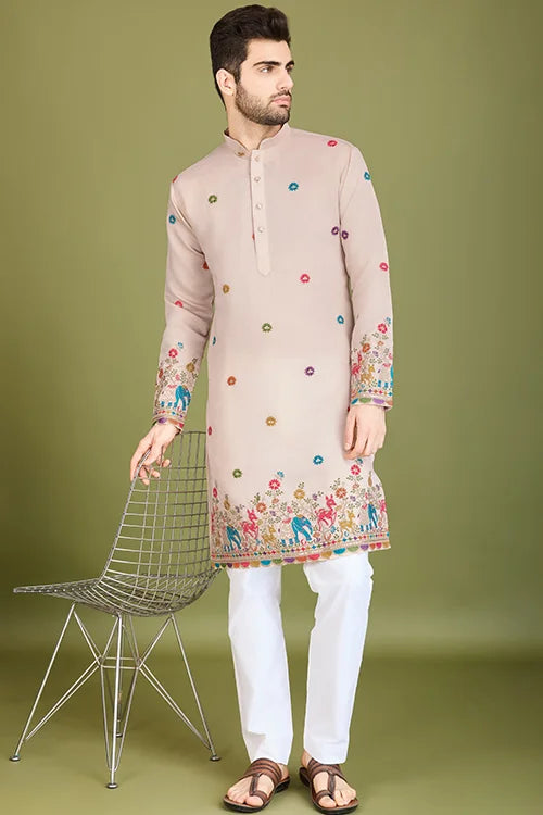Ivory Viscose Silk Men's Kurta With Thread Work