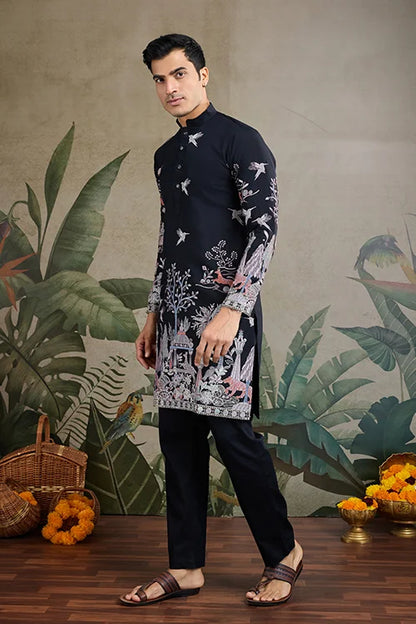 Designer Black Viscose Silk Fancy Kurtas For Men