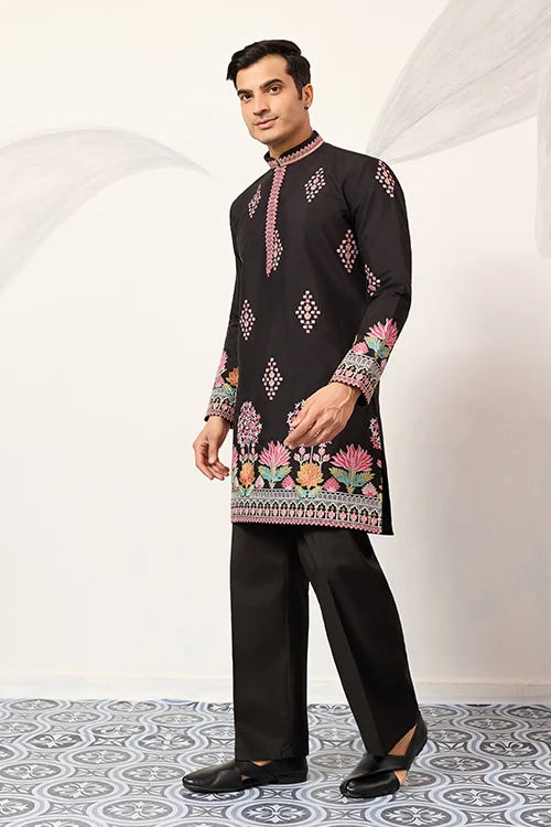 Ethnic Speical Classic Black Embroidered Kurta For Mens