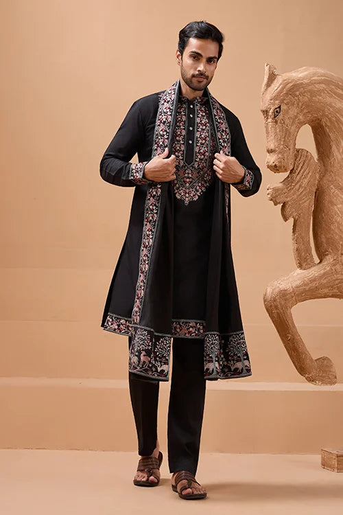 Luxury Wedding Look Black Kurta with Dupatta for Mens Wear