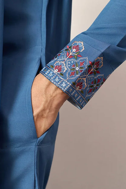 Wedding Royal Look Blue Kurta With Dupatta For Mens Wear