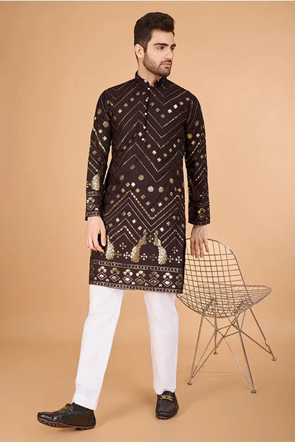 Designer Brown Men's Silk Kurta For Special Events