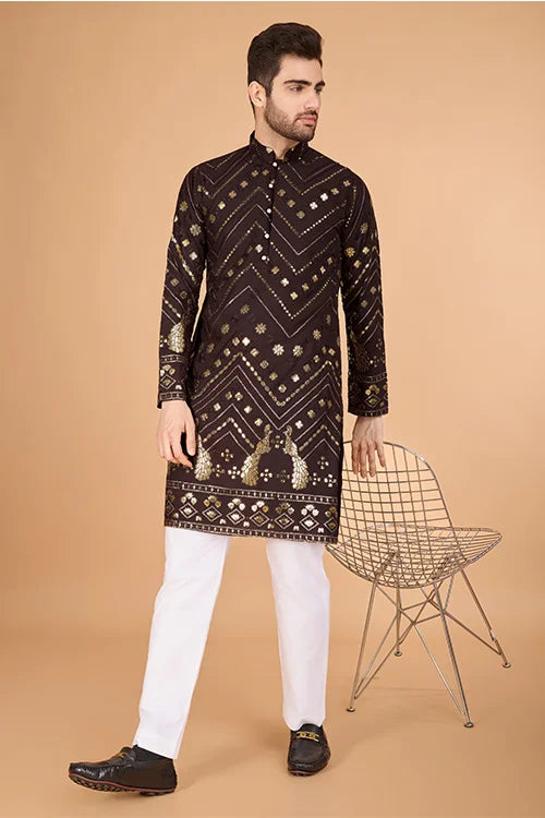 Designer Brown Men's Silk Kurta For Special Events