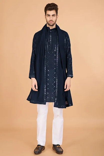 Navy Color Kurta With Dupatta For Mens Wear