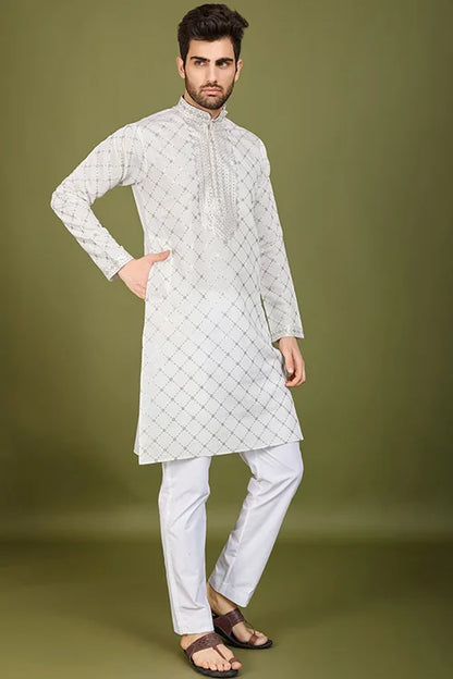 Designer White Viscose Silk Men's Kurta – Elegant Wedding Attire