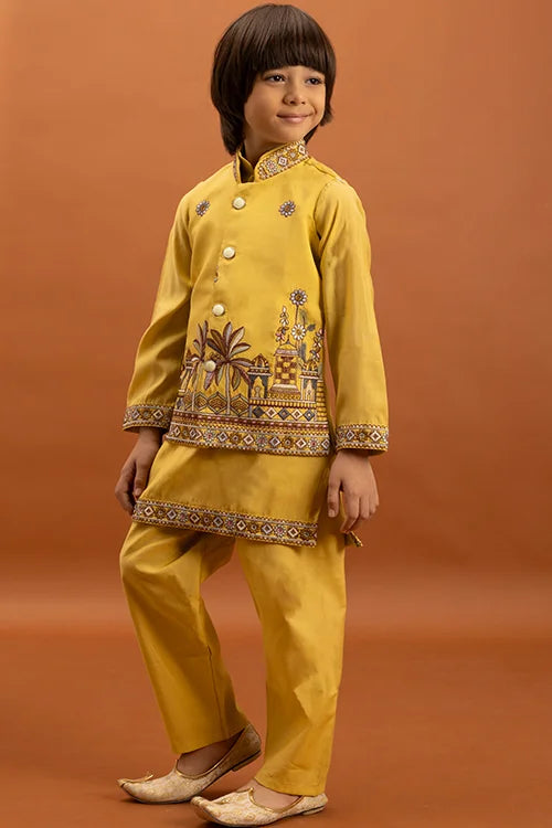 Designer Yellow Koti Kurta Set For Kids Wear