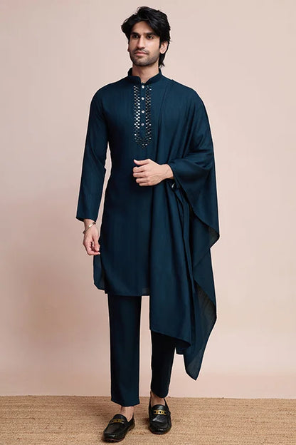 Teal Blue Designer Kurta Set With Mirror Work For Men