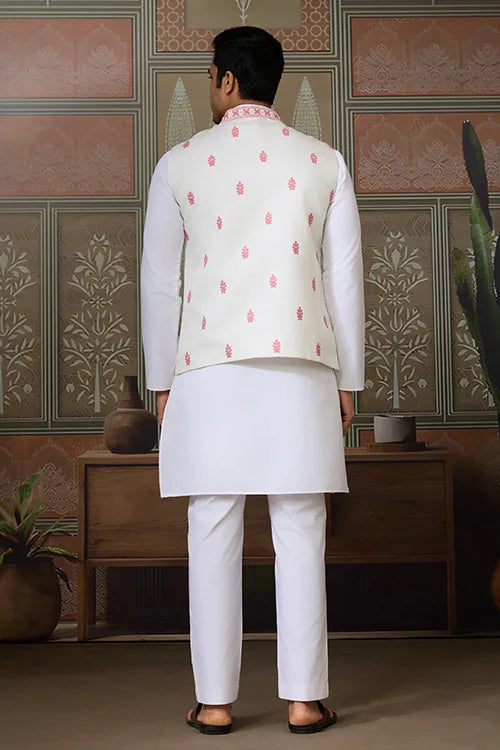 Wedding Pink Koti with White Kurta Pajama Set
