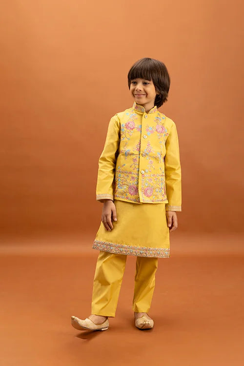 Haldi Celebration Kids Wear Yellow Kurta Pajama with Koti