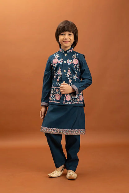 Bottle Green Kids Kurta Pajama with Koti Set
