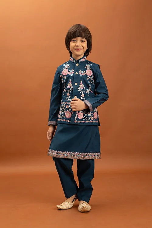 Bottle Green Kids Kurta Pajama with Koti Set