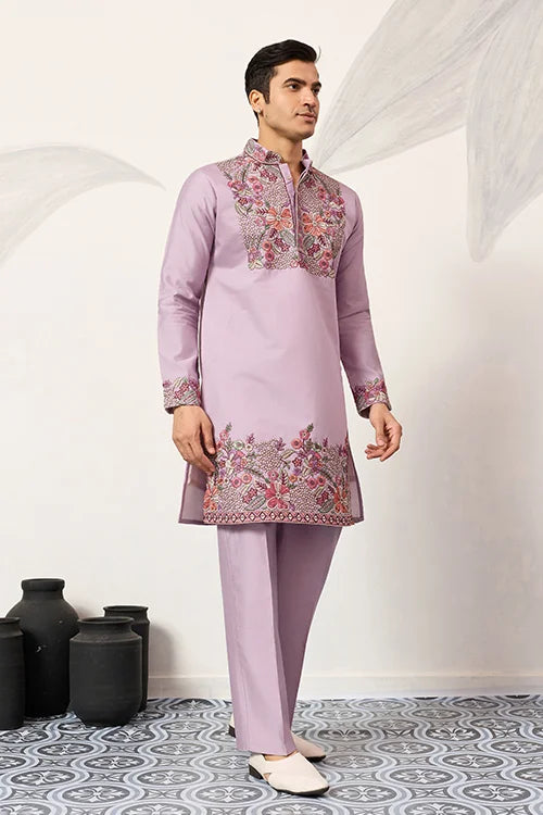 Lavender Kurta Pant Set For Traditional Mens Fashion