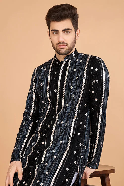 Viscose Rayon Black Color Heavy Embroidered Kurta For Men
