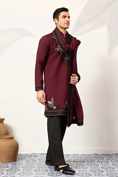 Vibrant Maroon Festive Kurta With Dupatta Set For Groom's Tribe