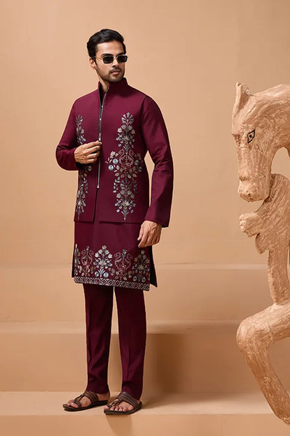 Maroon Color Traditional Special Koti Kurta Set for Men's Wear