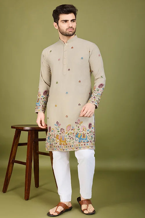 Premium Beige Kurta With Embroidery Wedding Look For Mens Wear