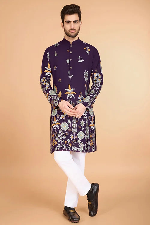 Traditional Embroidered Purple Viscose Rayon Kurta For Men