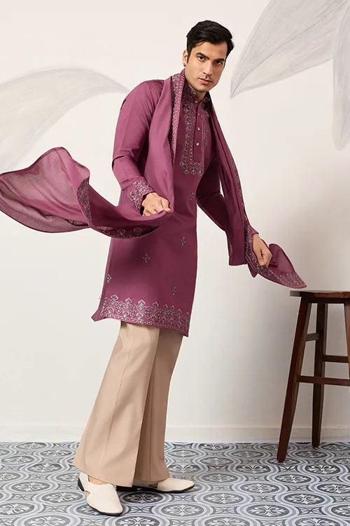 Trendy Pink Color Kurta With Dupatta For Mens Wear