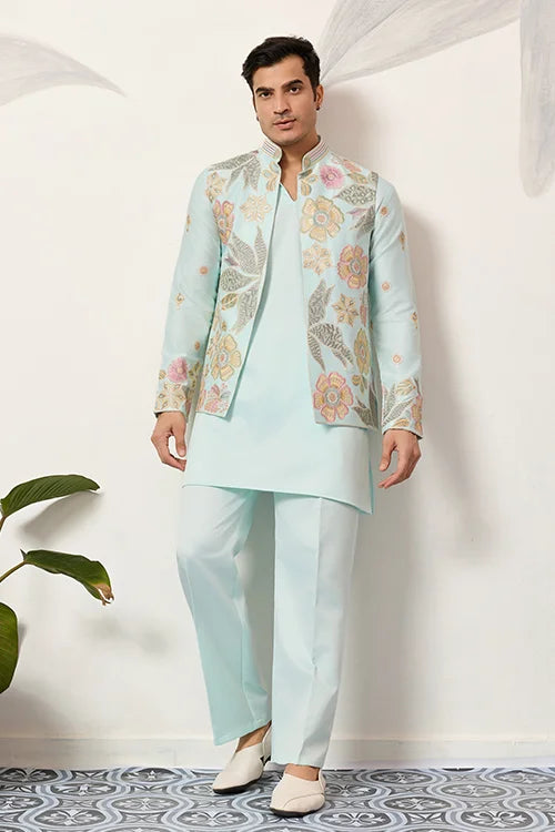 Luxury Wedding & Carnival Wear Pista Green Koti Kurta For Men