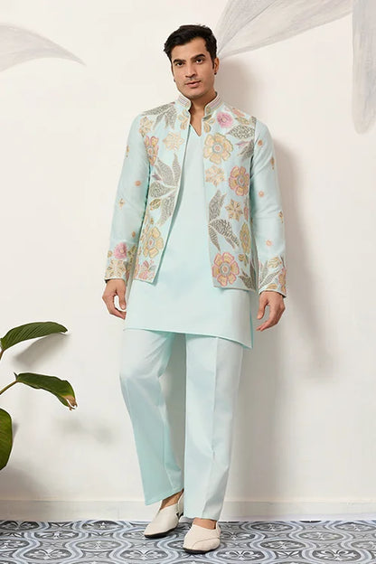 Luxury Wedding & Carnival Wear Pista Green Koti Kurta For Men