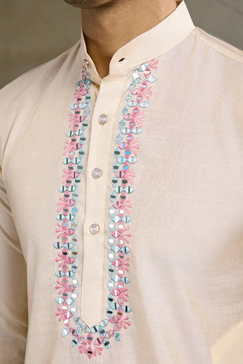 Festive Wear Off White Silk Kurta With Jacquard Koti
