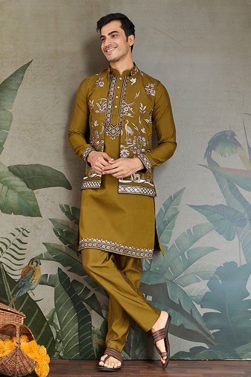 Wedding Special Golden Olive Kurta Pajama With Open Koti For Men