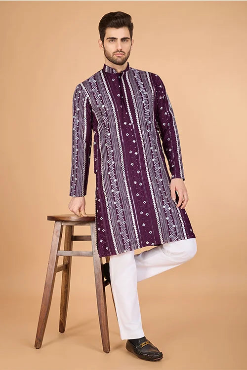 Purple Sequence With Mirror Foil Embroidered Mens Wear Kurta