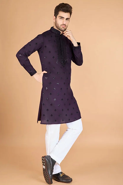 Stylish Purple Kurta For Men With Thread Work Design