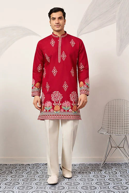 Unique Style Red Color Embroidered Kurta For Mens Wear