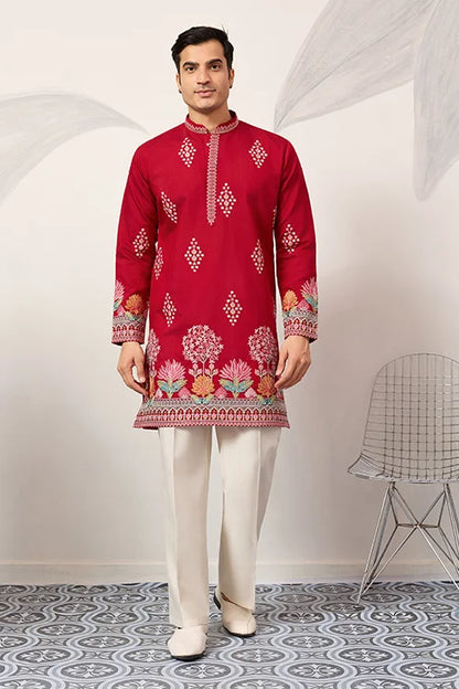 Unique Style Red Color Embroidered Kurta For Mens Wear