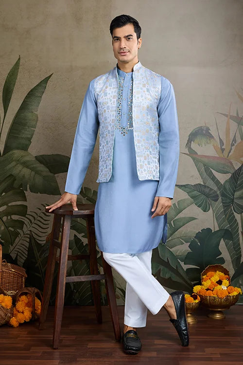 Traditional Sky Kurta Set With Koti Jacket